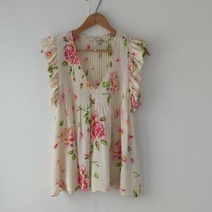 Joie 100% Silk Floral Sleeveless Ruffle Blouse - Size Medium - Cream/Pink Rose